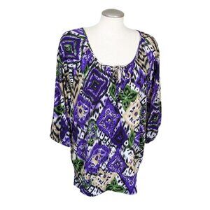 Notations Womens Plus Size 2X Blouse Peasant Key Hole Animal Floral Multicolor